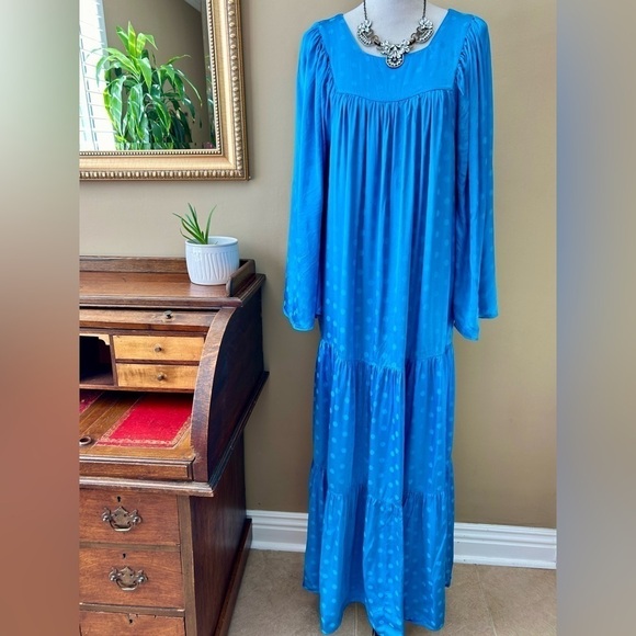 Happy X Nature Daydream Maxi Dress Blue Jewel Satin Polka Dot Wide Sleeve Size M - Picture 2 of 14